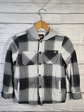 Dickies Kids Plaid Hooded Shirt Jacket Size Medium Black Gray Button Up